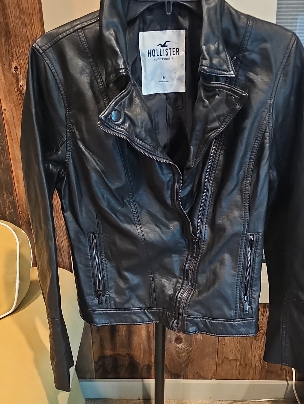 Hollister Black Faux Leather Moto Jacket with Zip Pockets